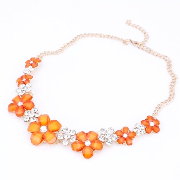18K gold plated Orange crystal flower necklace earrings set - Picture 9 of 13